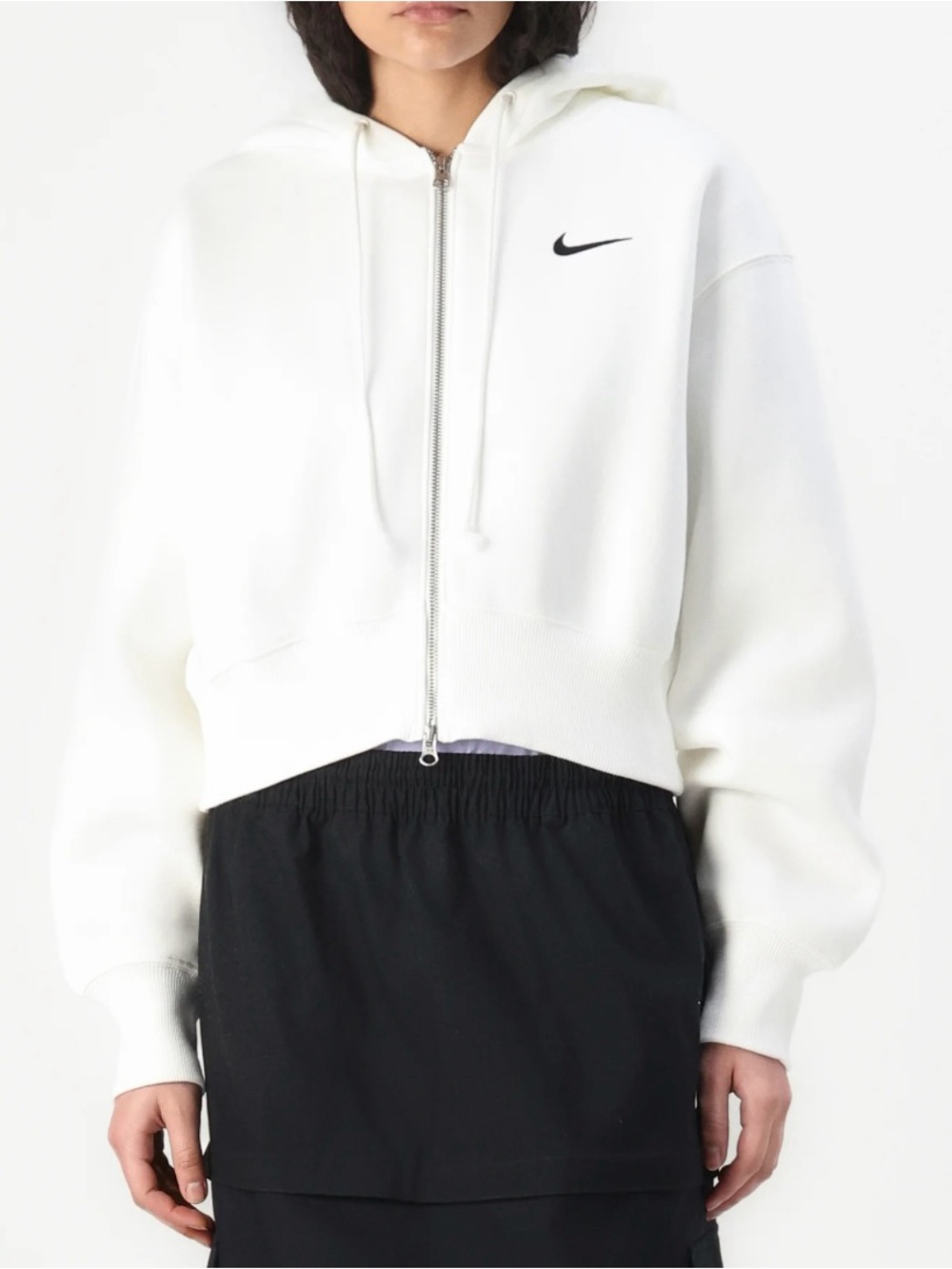 Nike White Cropped Zip-Up Hoodie with Black Swoosh